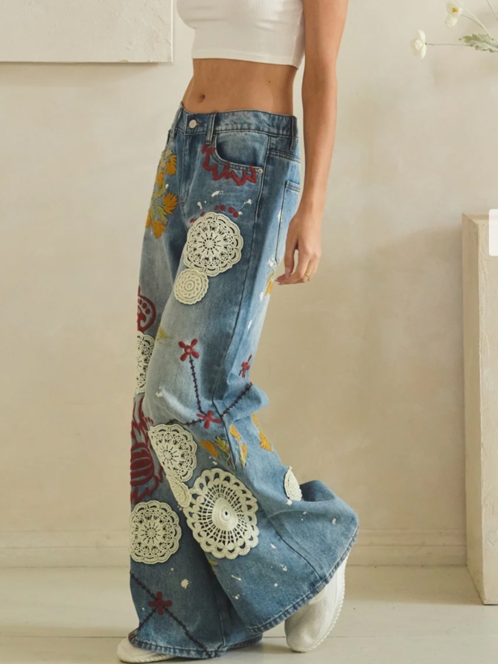 🎉 Oli and Hali “DEE” OLI & Hali WIDE LEG DENIM PANTS WITH EMBROIDERY DETAIL 34 - Picture 6 of 14